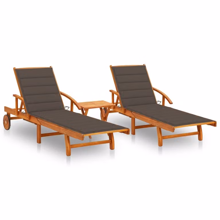 Set de 2 tumbonas con mesa y cojines Syfax de madera de acacia tratada en color marrón y gris con reposacabezas ajustable para jardín o terraza