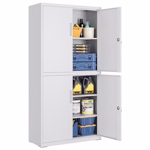 Armario metálico SONGMICS con 4 puertas, cerradura y 5 estantes ajustables, gris mate, Al: 180 cm, An: 80,1 cm, P: 40,2 cm