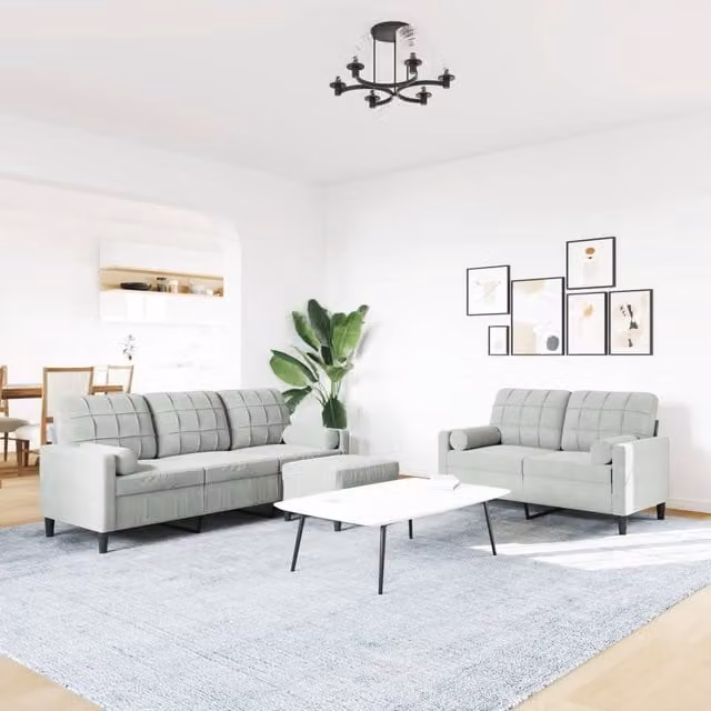 Juego de sofás SYFAX de 3 piezas en terciopelo gris con cojines, incluye sofá de 3 plazas, sofá de 2 plazas y otomana con estructura de metal y madera para tu salón