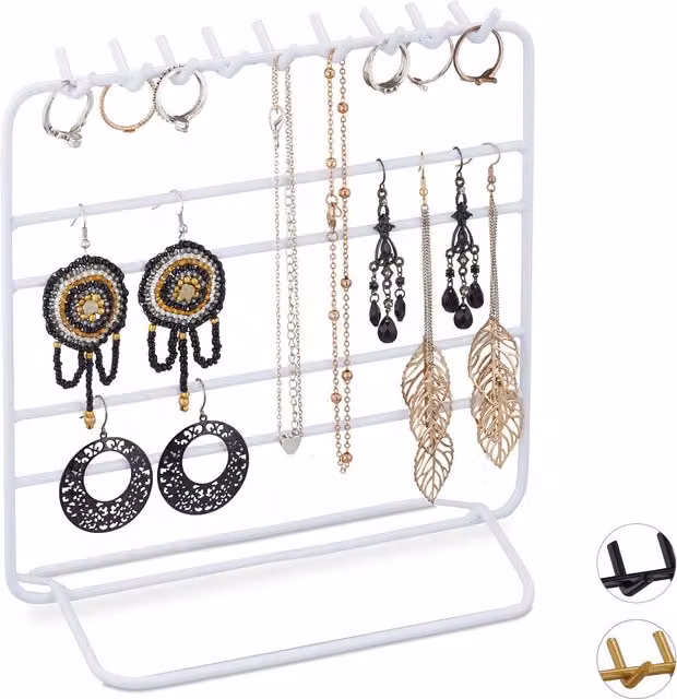 Expositor de joyas de metal Relaxdays en color blanco para collares, pendientes y pulseras con 18 ganchos y 4 barras, An/P/Al: 21 x 20 x 10 cm