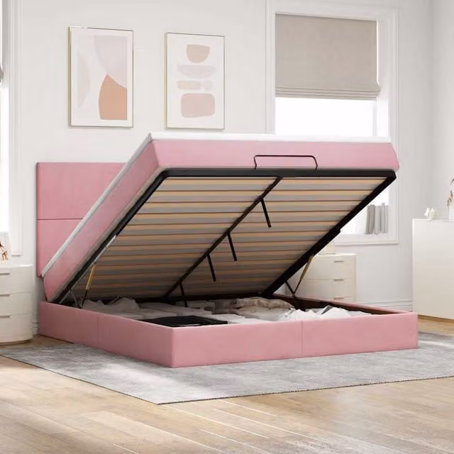 Estructura de cama otomana Maison Exclusive en terciopelo rosa y blanco, An/P/Al: 160 x 200 x 28 cm
