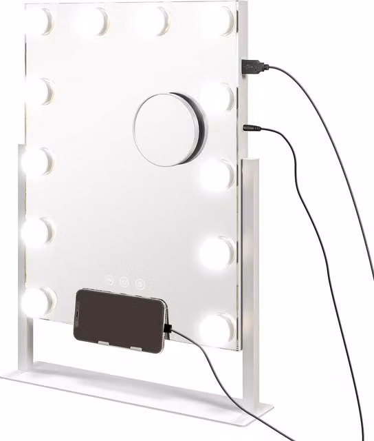 Espejo de maquillaje de sobremesa HOMCOM con 12 bombillas LED, 3 modos de iluminación ajustables y interruptor táctil, color blanco, An/P/Al: 30 x 40 cm