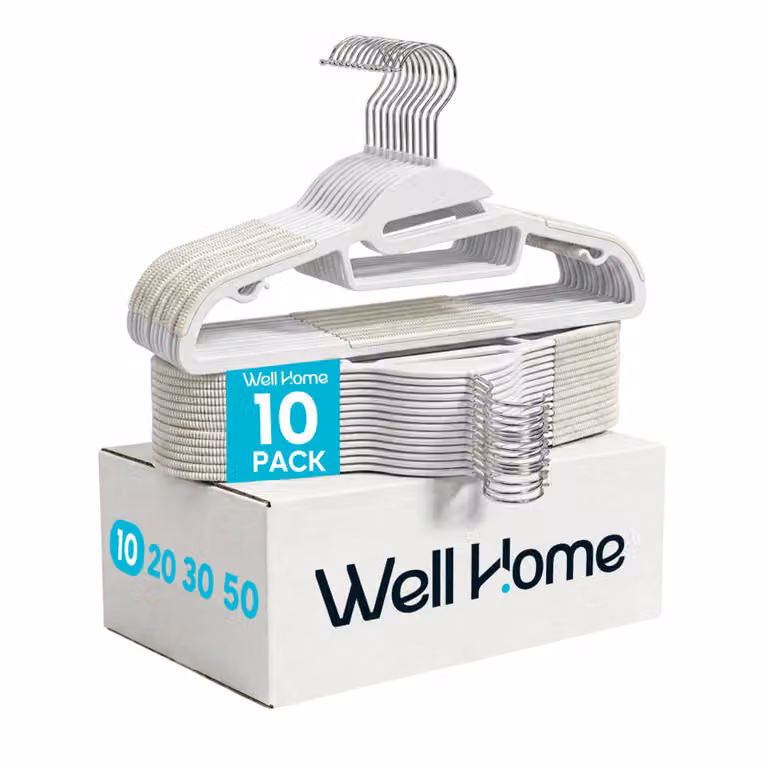 Pack de 10 perchas antideslizantes de plástico Wellhome con gancho giratorio y muescas en color blanco