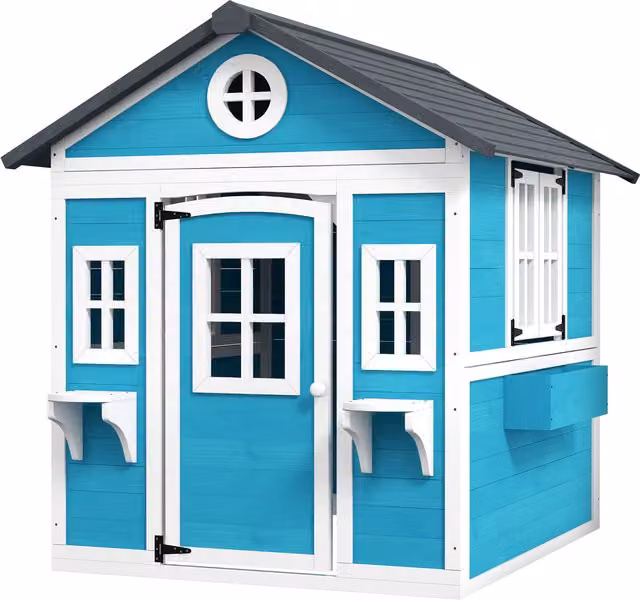 Casita de madera infantil Outsunny con puerta, ventanas, jardineras y repisas, color azul, An/P/Al: 114 x 126,4 x 135 cm