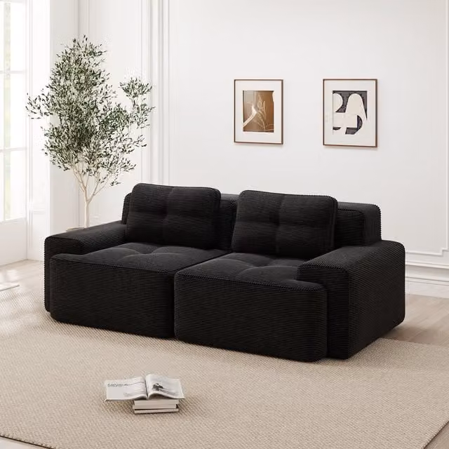 Sofá Modular de Dos Plazas Kellany en Pana Negra con Función de Sofá Cama y Asiento Profundo para tu Salón