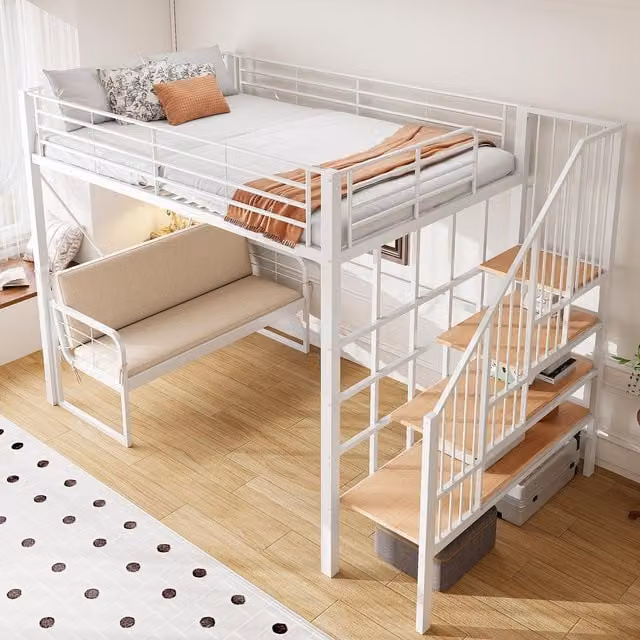 Cama Alta NMONET con Estructura Metálica, Sofá Extraíble, Escalera y Almacenaje, Color Blanco, An/P/Al: 140 x 200 x 251,5 cm