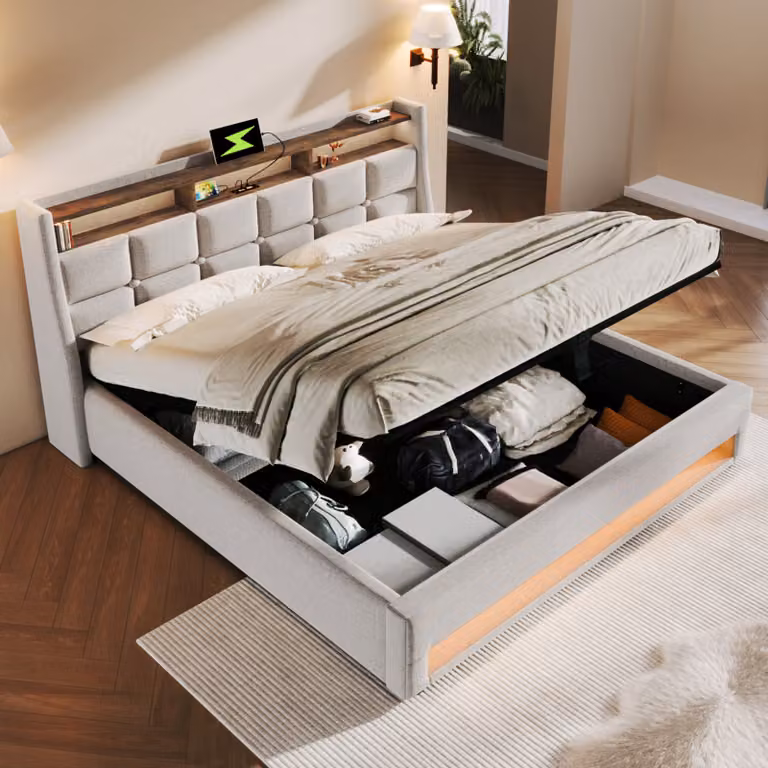 Cama tapizada Flieks de matrimonio con almacenamiento, luces LED y puerto USB, color beige, 180 x 200 cm