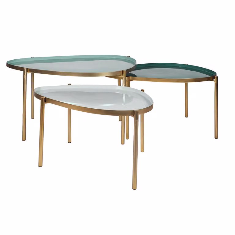 Set de 3 mesas de centro redondas Miliboo de metal lacado con superficies nido en colores dorado, verde, blanco y gris