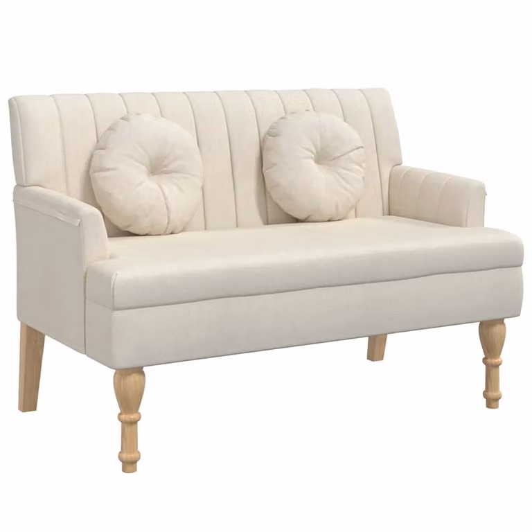 vidaXL Banco con cojines de lino beige y estructura de madera de caucho, An/P/Al: 113 x 64,5 x 75,5 cm