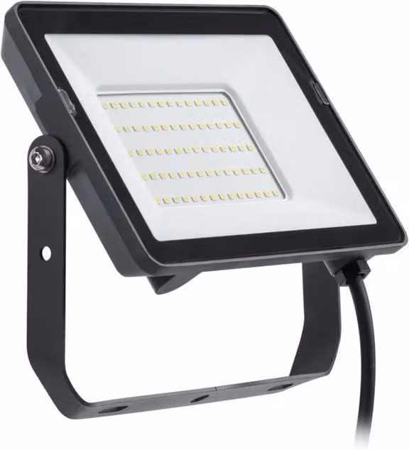 Foco LED para exterior de 50W con 4750 lúmenes, luz blanca fría de 4000K, color negro, protección IP65 e IK06, diseño rectangular de aluminio y cristal para jardín
