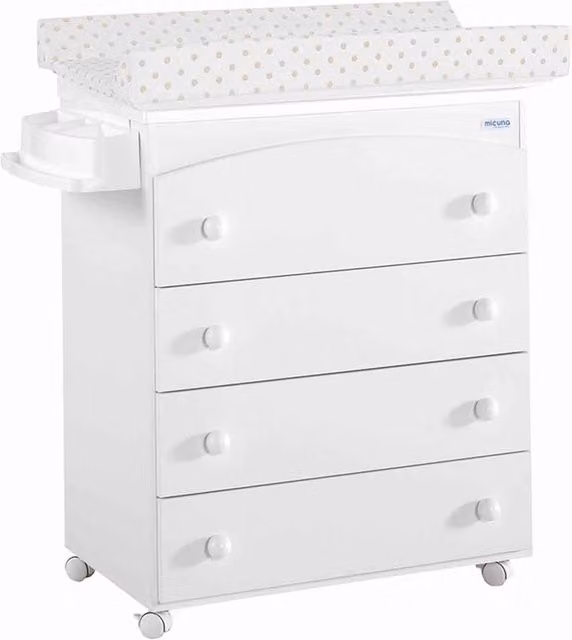 Cómoda Micuna Classic con bañera, cambiador y 4 cajones en color blanco y beige con acabado lacado y ruedas
