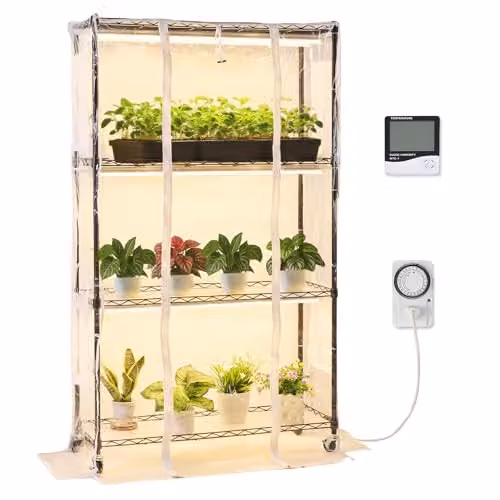 VEVOR Soporte para Plantas con Invernadero de 4 Niveles y Luces de Cultivo de Espectro Completo de 180 W con Ruedas, Temporizador e Higrómetro, Altura: 150 cm