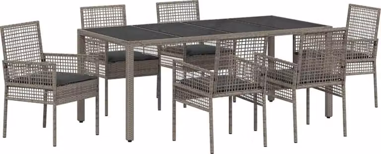 Conjunto de comedor de jardín Syfax de 7 piezas en ratán sintético gris con mesa de cristal