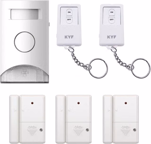 Kit de alarma KYF con detección de movimiento, luz de señalización, 3 sensores de apertura y 2 mandos a distancia en color blanco