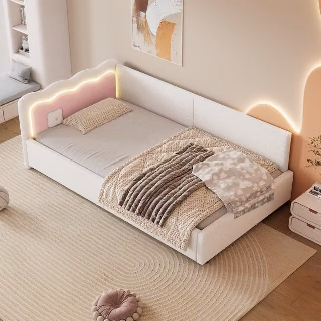 Cama Individual MODENVIE en Terciopelo Blanco con Iluminación LED bajo la cama, An/P/Al: 90 x 200 x 209 cm