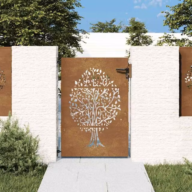 Puerta de jardín de acero corten con diseño de árbol vidaxl, color marrón, An/Al: 85 x 125 cm