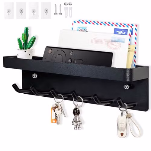 Organizador de pared Echehi con estantería y 6 ganchos de metal, autoadhesivo y a prueba de óxido, color negro