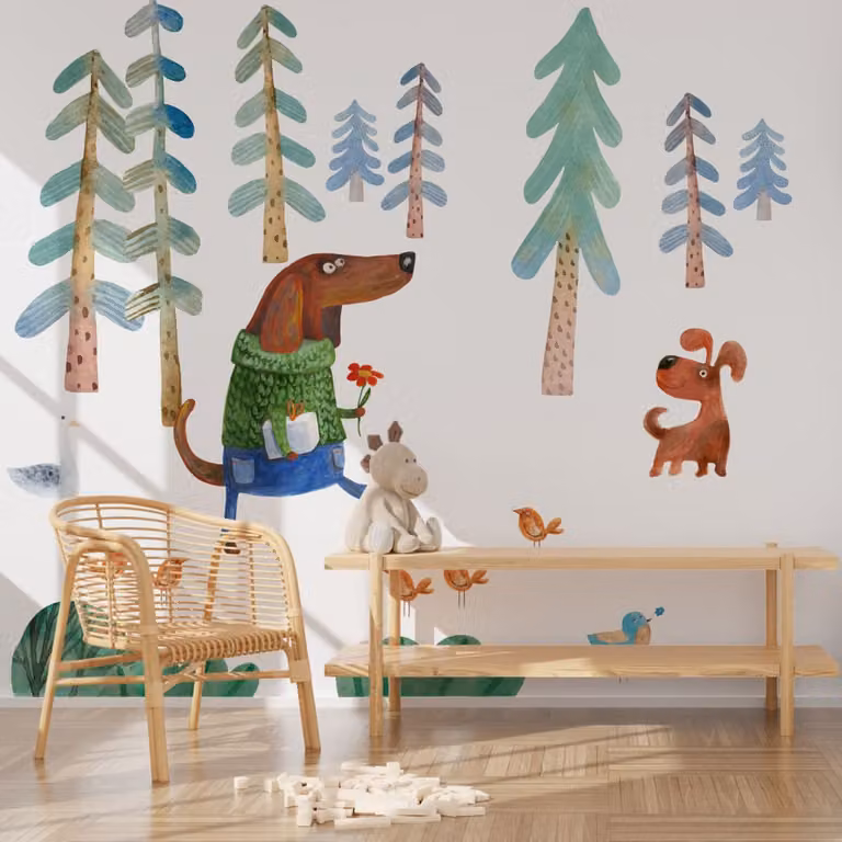 Papel pintado panorámico para niños de Lé papiers de Ninon en blanco y multicolor
