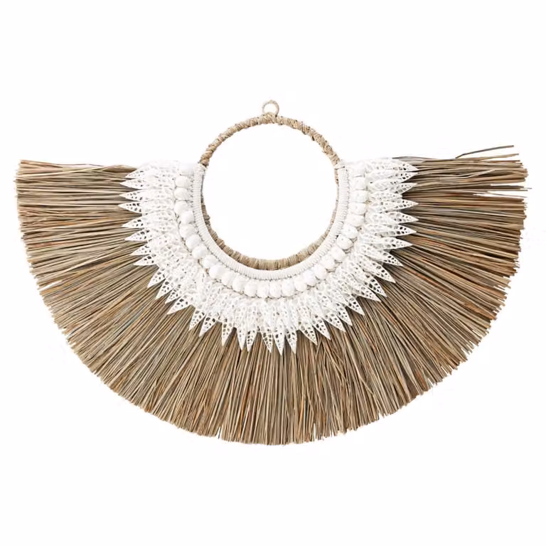 Decoración de pared colgante de macramé NATYAL estilo boho étnico en colores beige y blanco, An/Al: 65 x 38 cm