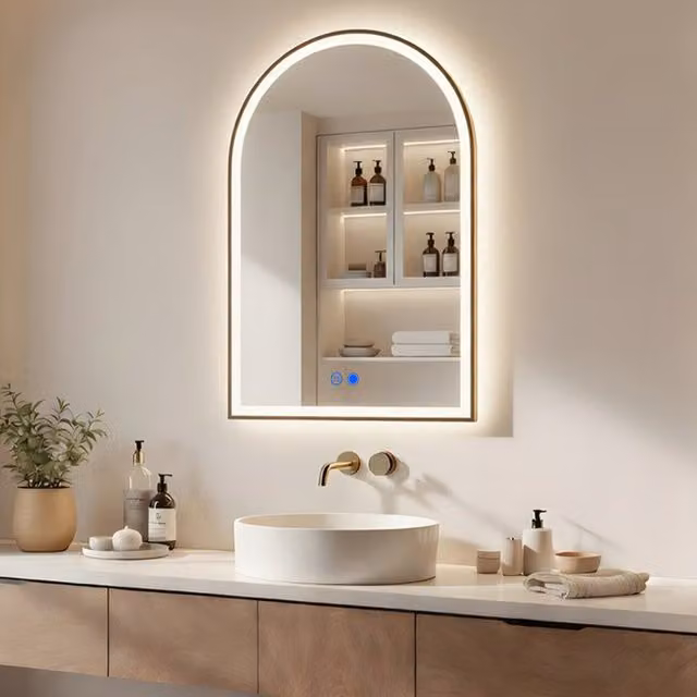 Espejo de baño Artforma con forma de arco, retroiluminado por LED, función antivaho y control táctil, color oro cepillado, An: 70 cm, Al: 100 cm