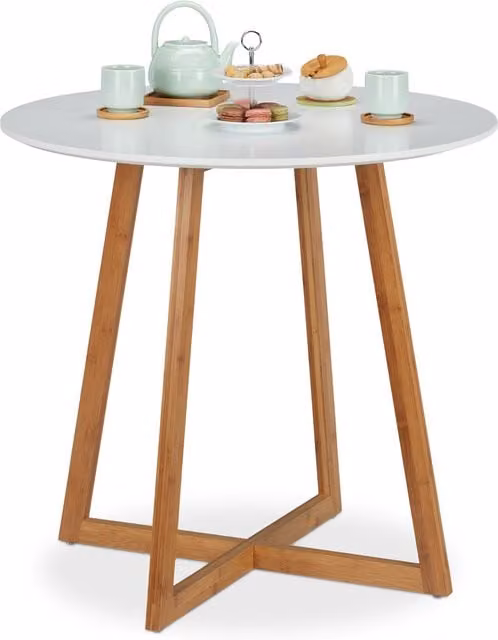 Mesa de comedor redonda de estilo escandinavo relaxdays para 2 personas, de bambú y MDF con patas en X, color blanco y marrón, An/P/Al: 80 x 80 x 75 cm