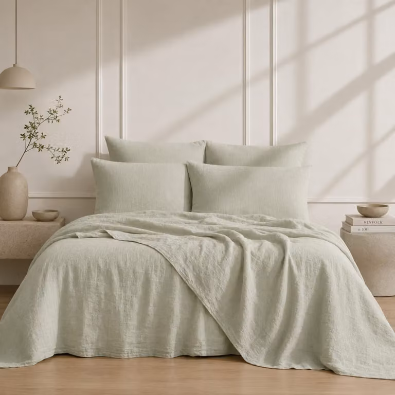 Juego de cama de lino Febronie color verde almendra, incluye funda nórdica de 240 x 220 cm y fundas de almohada de 65 x 65 cm