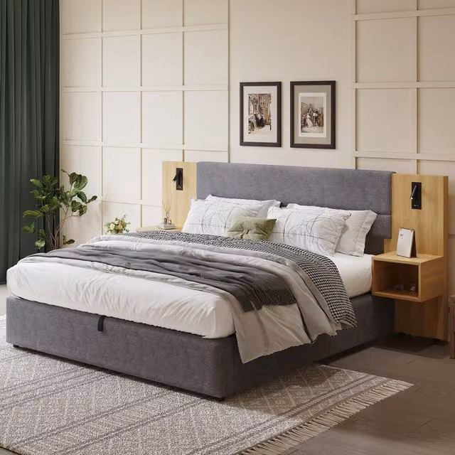 Cama Tapizada KELLANY en Terciopelo Gris con Sistema Hidráulico, Puerto USB, Iluminación LED y Dos Mesitas de Noche, An/P/Al: 180 x 200 cm