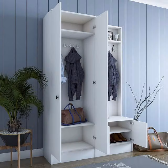 Mueble de entrada moderno DMORA con 4 puertas y estantes internos, An/P/Al: 120 x 37 x 183 cm, blanco mate