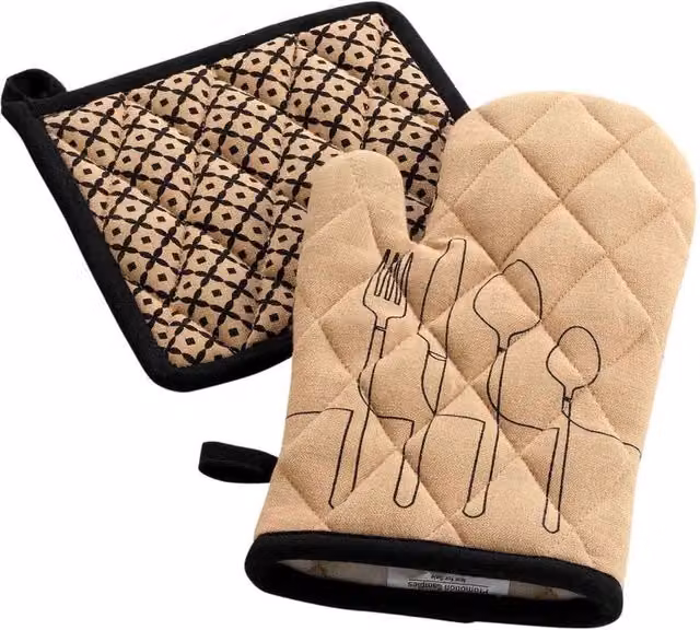 Set de guante y agarradera Douceur d'intérieur de algodón reciclado estampado en color beige, An/P: 18 x 28 cm y 20 x 20 cm