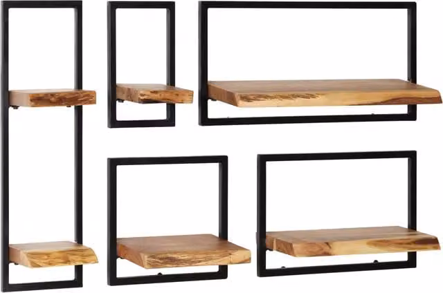 Juego de 5 estantes de pared Helloshop26 de diseño industrial fabricados en madera de acacia y acero en colores gris y negro