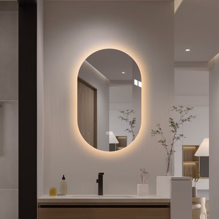 Espejo de baño LED ovalado Aiorber color plata, diseño moderno para colgar en la pared, con intensidad regulable y An/Al: 50 x 80 cm
