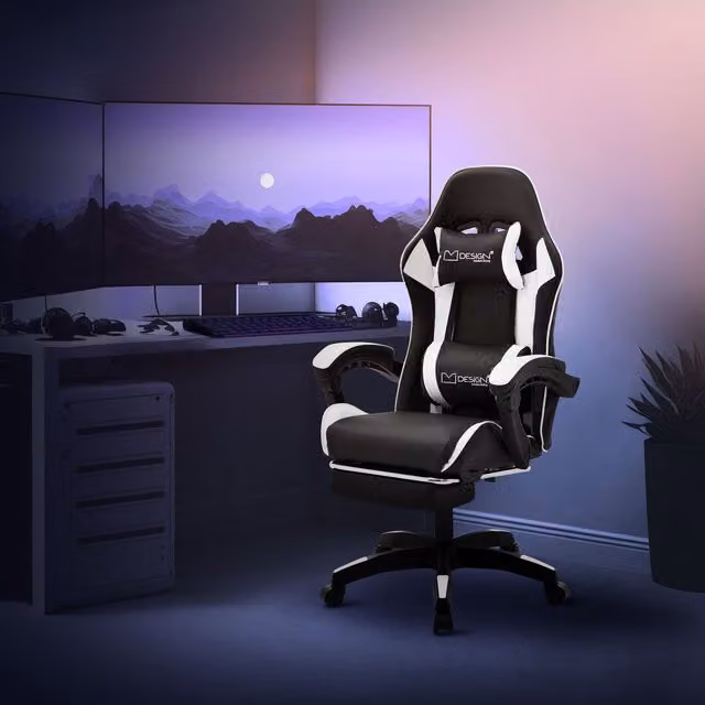 Silla de gaming ergonómica ML Design Modern Living en blanco y negro con reposacabezas, reposabrazos y giro de 360 grados para adultos
