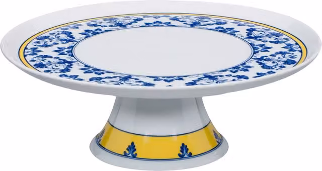 Plato de tarta con pie Castelo Branco de Vista Alegre con diseño floral azul en porcelana
