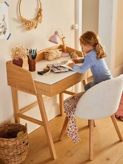 Escritorio de escritura para niños VERTBAUDET en color blanco y roble con cajonera y estilo shabby chic