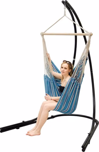Silla Colgante de Jardín AMANKA con Soporte de Metal y Asiento de Algodón XXL con Giro de 360 Grados, Diseño de Rayas Azul y Blanco