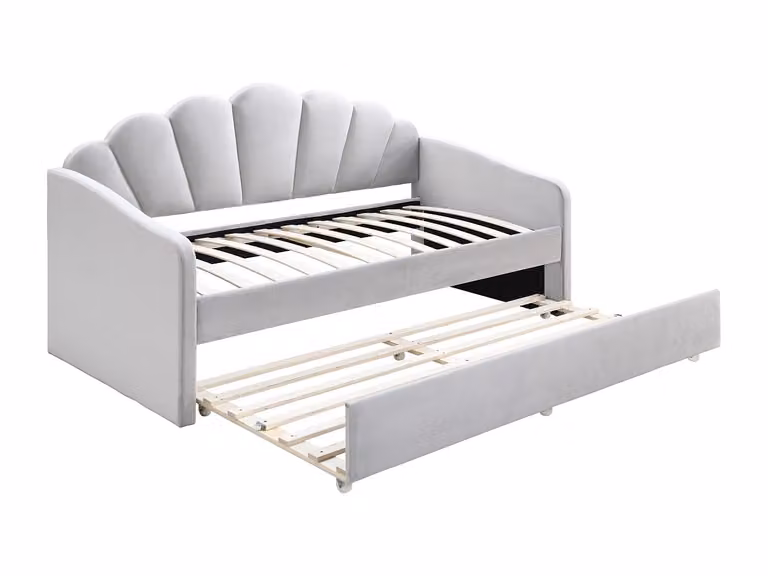Cama nido con forma de concha ELUSIA tapizada en terciopelo gris, An/P: 90 x 190 cm (2 unidades)