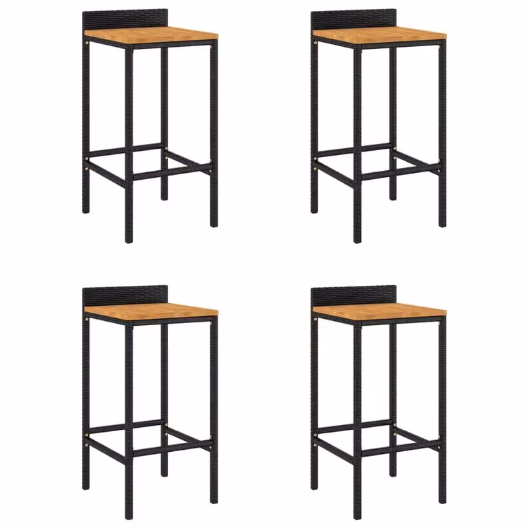 Set de 4 taburetes altos Syfax de madera de acacia y ratán sintético en colores negro y marrón para cocina o jardín