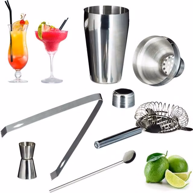 Set de 8 kits de coctelería Relaxdays con 5 accesorios cada uno en acero inoxidable, color plateado