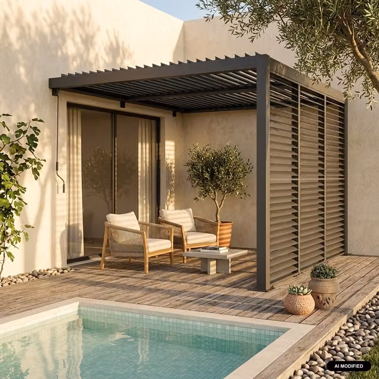 Pérgola bioclimática adosada Sweeek de aluminio en color gris antracita con 3 persianas de 100 cm