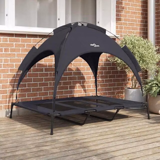 Cama elevada para perros vidaXL con techo extraíble en color negro, fabricada en metal y plástico, An/P/Al: 122 x 93 x 106,5 cm