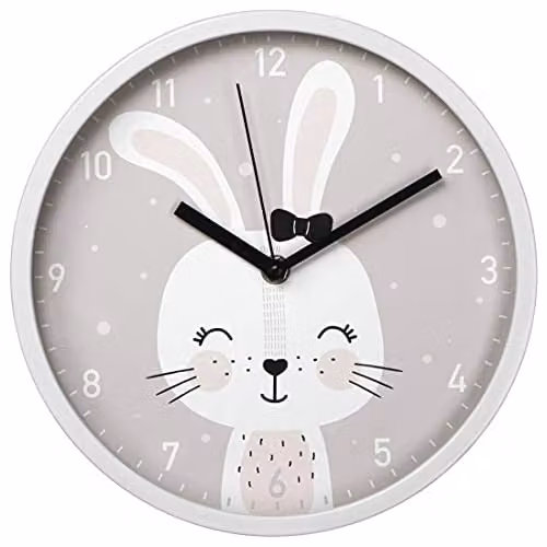 Reloj de pared analógico Hama Lovely Bunny con movimiento silencioso, diseño redondo para niños en color gris y blanco, Diámetro: 25 cm