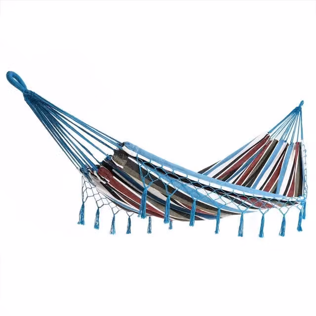 Hamaca de algodón con flecos Detex para 2 personas en azul o rojo, diseño boho con rayas, An/P/Al: 320 x 150 cm