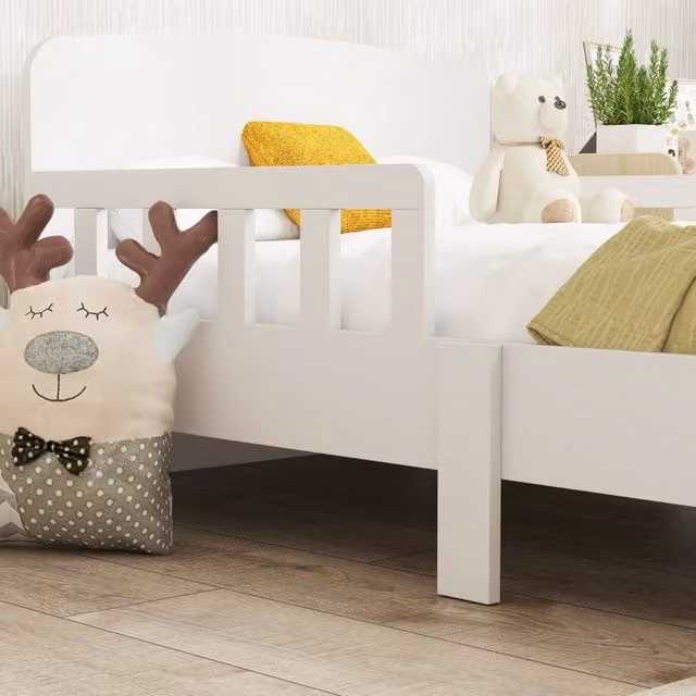 Cama infantil Mivray de madera MDF blanca con barandilla de seguridad para colchón de 140 x 70 cm
