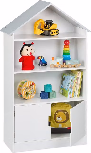 Estantería infantil para libros y juguetes en forma de casa de Relaxdays, 3 compartimentos abiertos y 1 cerrado, MDF, An/P/Al: 115 x 68 x 28 cm, blanco/gris