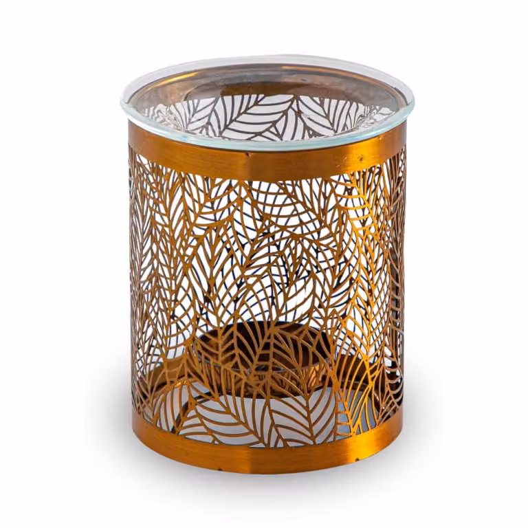 Quemador de perfume ZEN ARÔME de metal y cristal con diseño de naturaleza en color dorado y plata, Altura: 10,5 cm