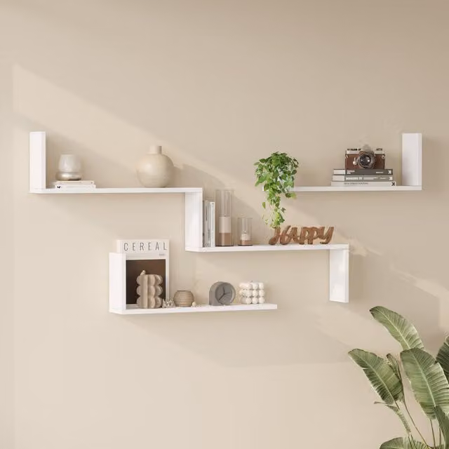 Set de 3 estanterías de pared flotantes Vepinshul de en.casa en color blanco con acabado brillante para salón, cocina o baño