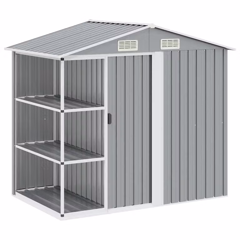 Cobertizo de jardín vidaXL con estantería en hierro gris, An/P/Al: 205 x 130 x 183 cm