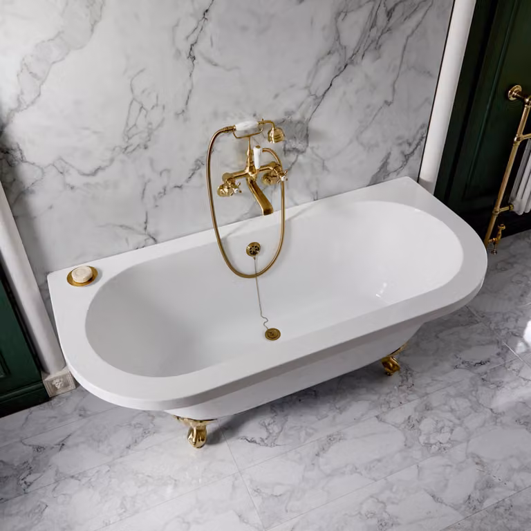 Bañera exenta ovalada Hudson Reed en acrílico blanco con patas en oro satinado, An/P/Al: 168,5 x 78 x 62,5 cm