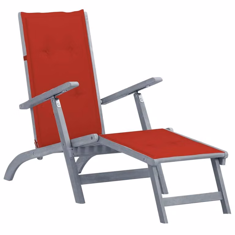 Tumbona de jardín Syfax de madera de acacia con reposapiés, reposacabezas ajustable y cojín de poliéster resistente a los rayos UV en color rojo o gris