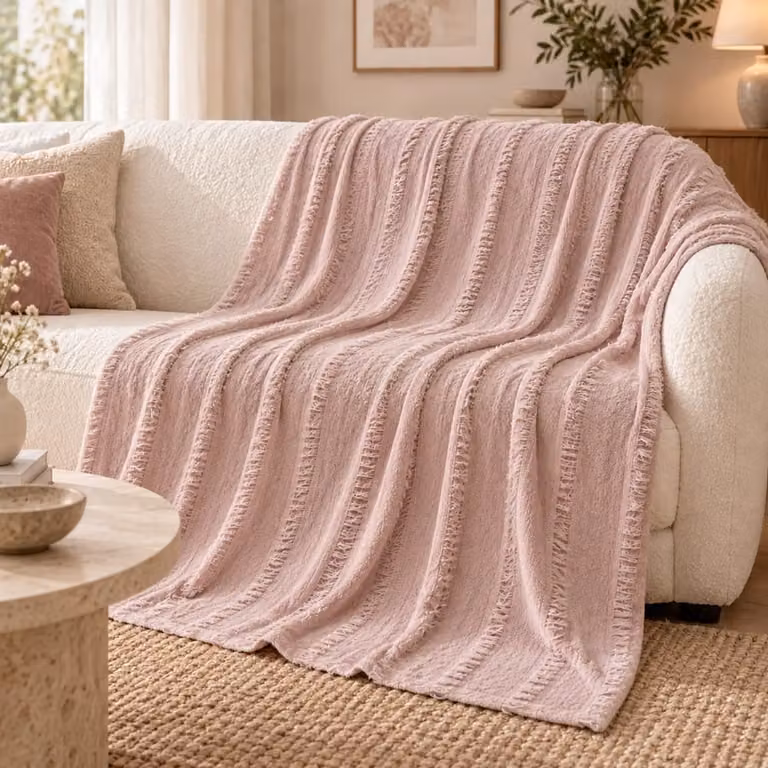 Manta polar Alo Home rosa con detalle de flecos, 220 x 220 cm